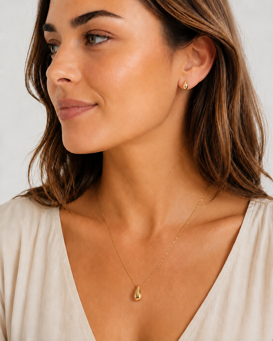 L'Apogée Doré — Set collier et boucles d'oreilles goutte dorées en argent 925 | Maison Orynn