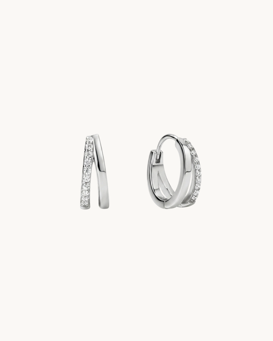 Le Double Éclat Argenté — Créoles double anneau pavé cristaux argentées en argent 925 | Maison Orynn