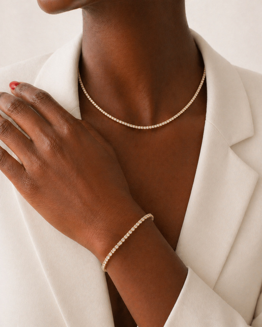 Le Duo Lumière Doré — Set collier et bracelet tennis cristaux doré | Maison Orynn