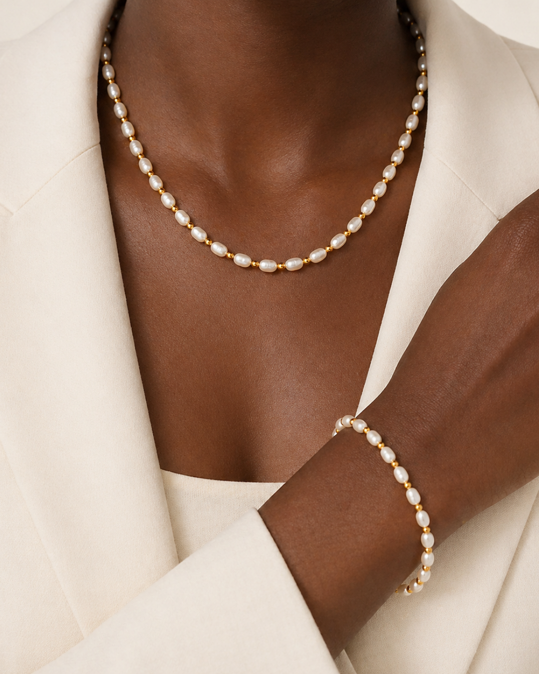 Le Duo Nacré — Set collier et bracelet perles baroques dorées | Maison Orynn